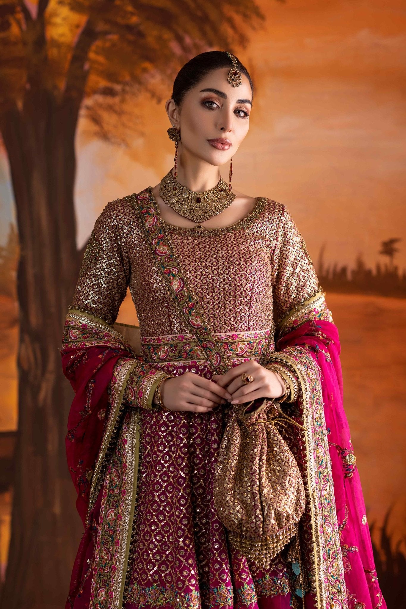 Pakistani Hot Pink Embroidered Jamawar Lehenga (3-Piece) - Image 11