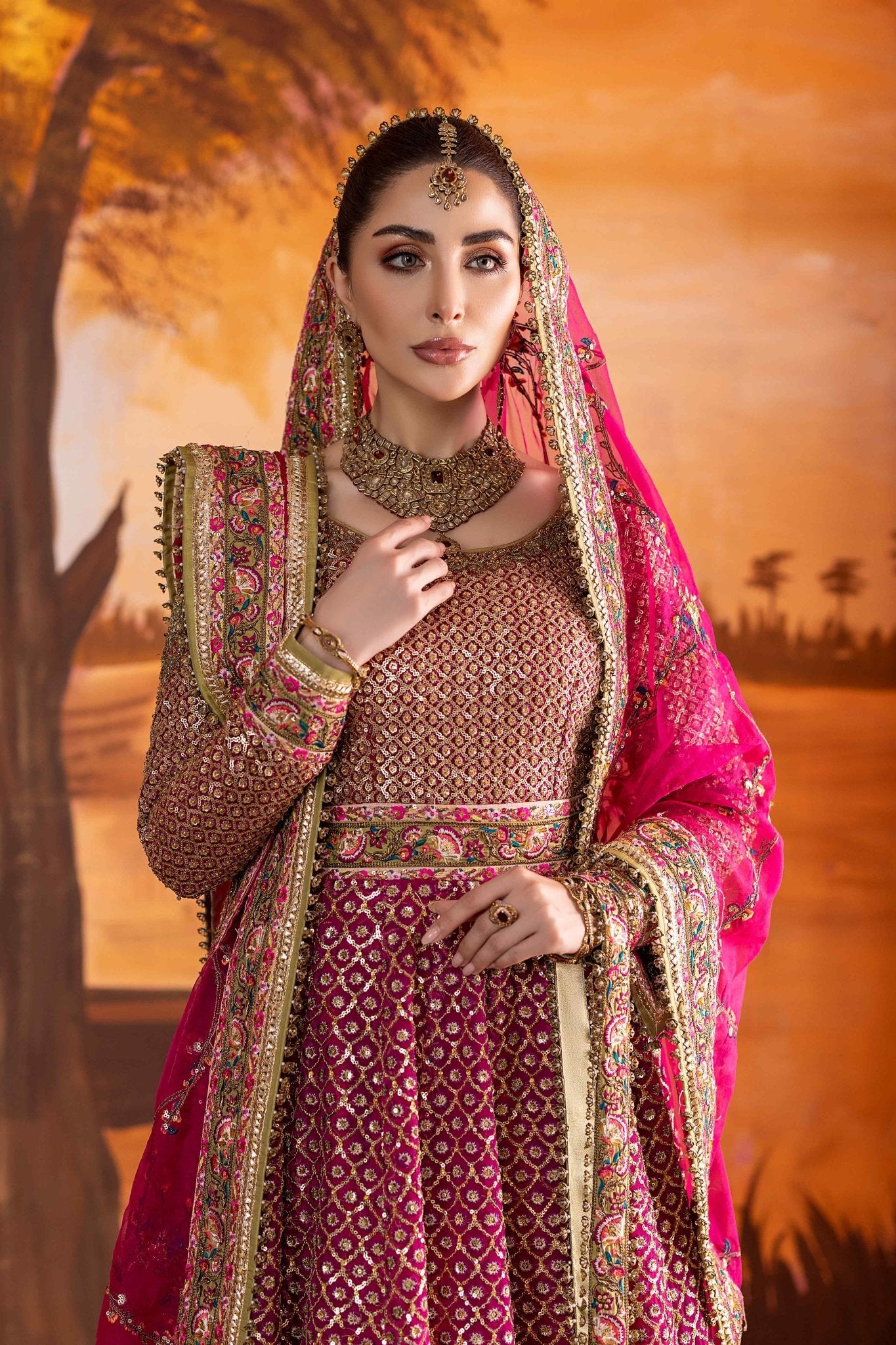 Pakistani Hot Pink Embroidered Jamawar Lehenga (3-Piece) - Image 3