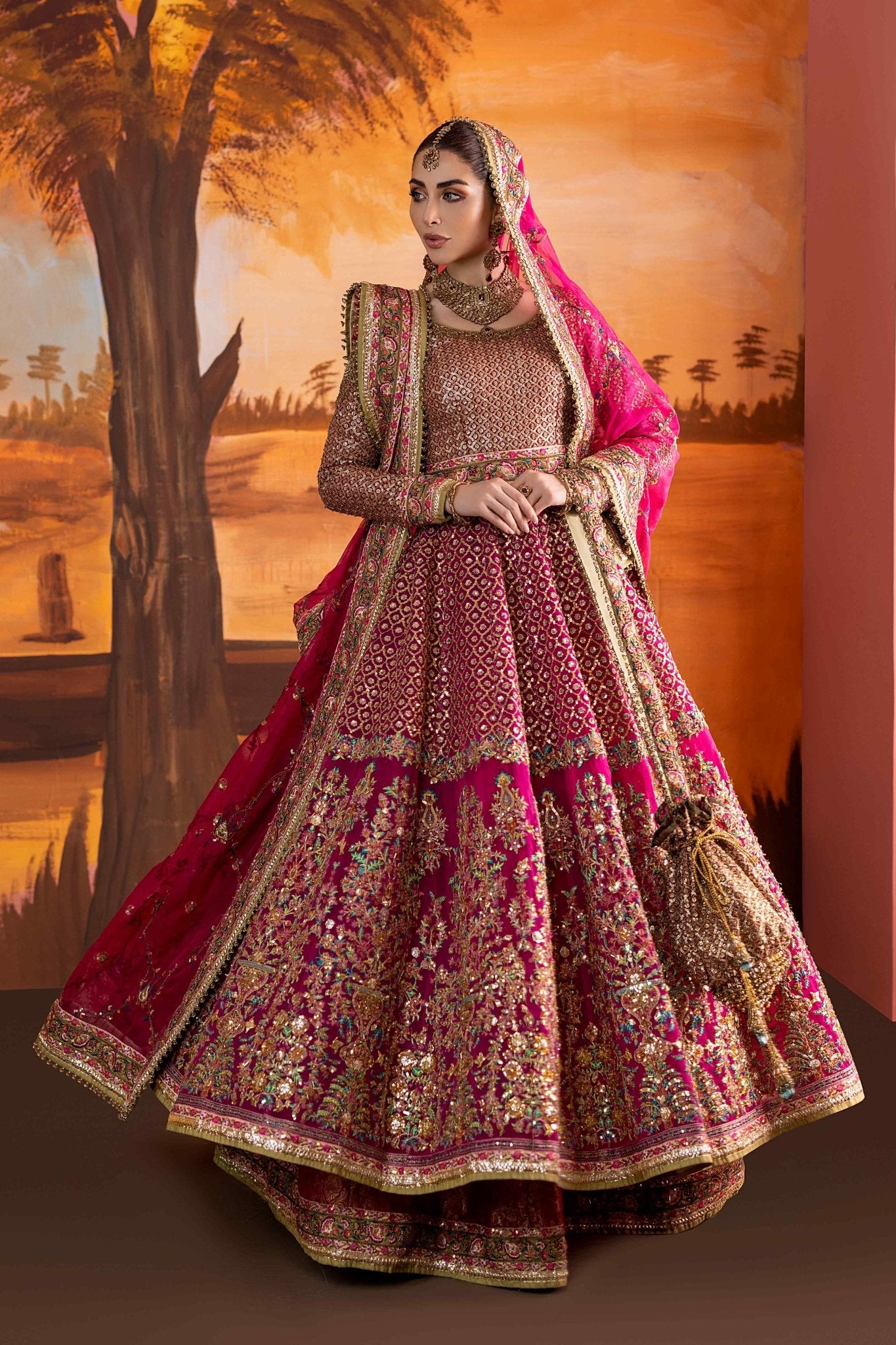 Pakistani Hot Pink Embroidered Jamawar Lehenga (3-Piece) - Image 4