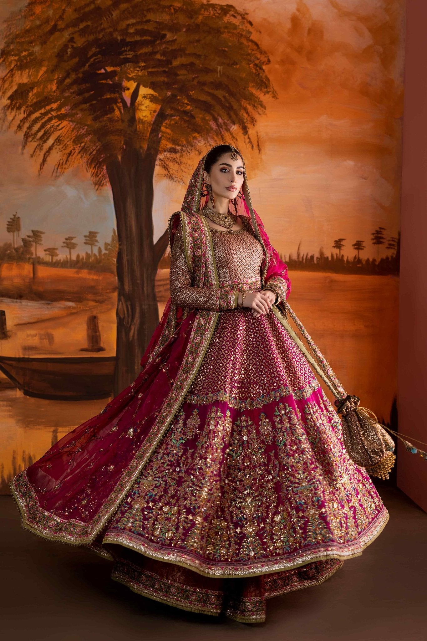 Pakistani Hot Pink Embroidered Jamawar Lehenga (3-Piece) - Image 5