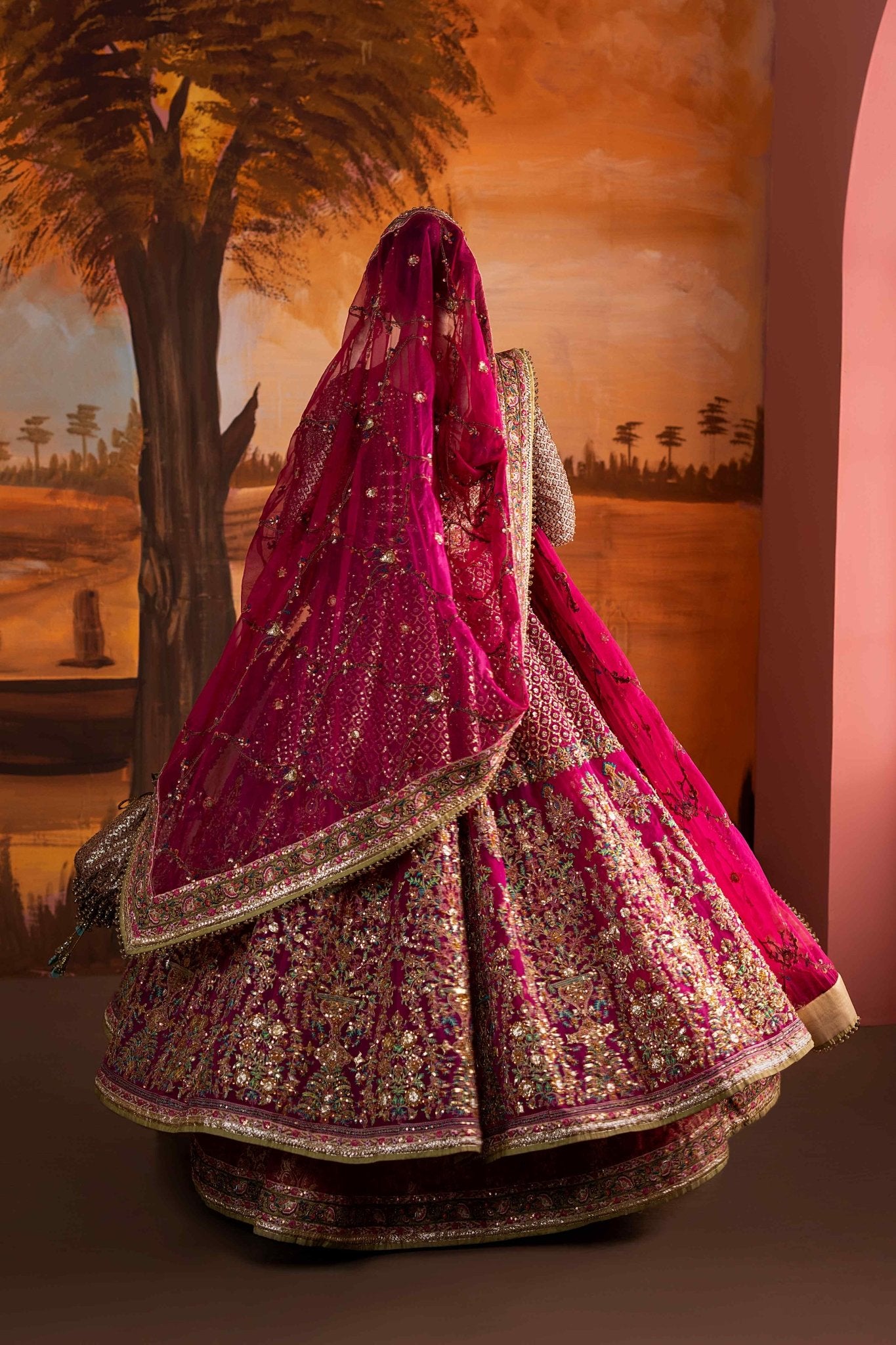 Pakistani Hot Pink Embroidered Jamawar Lehenga (3-Piece) - Image 6