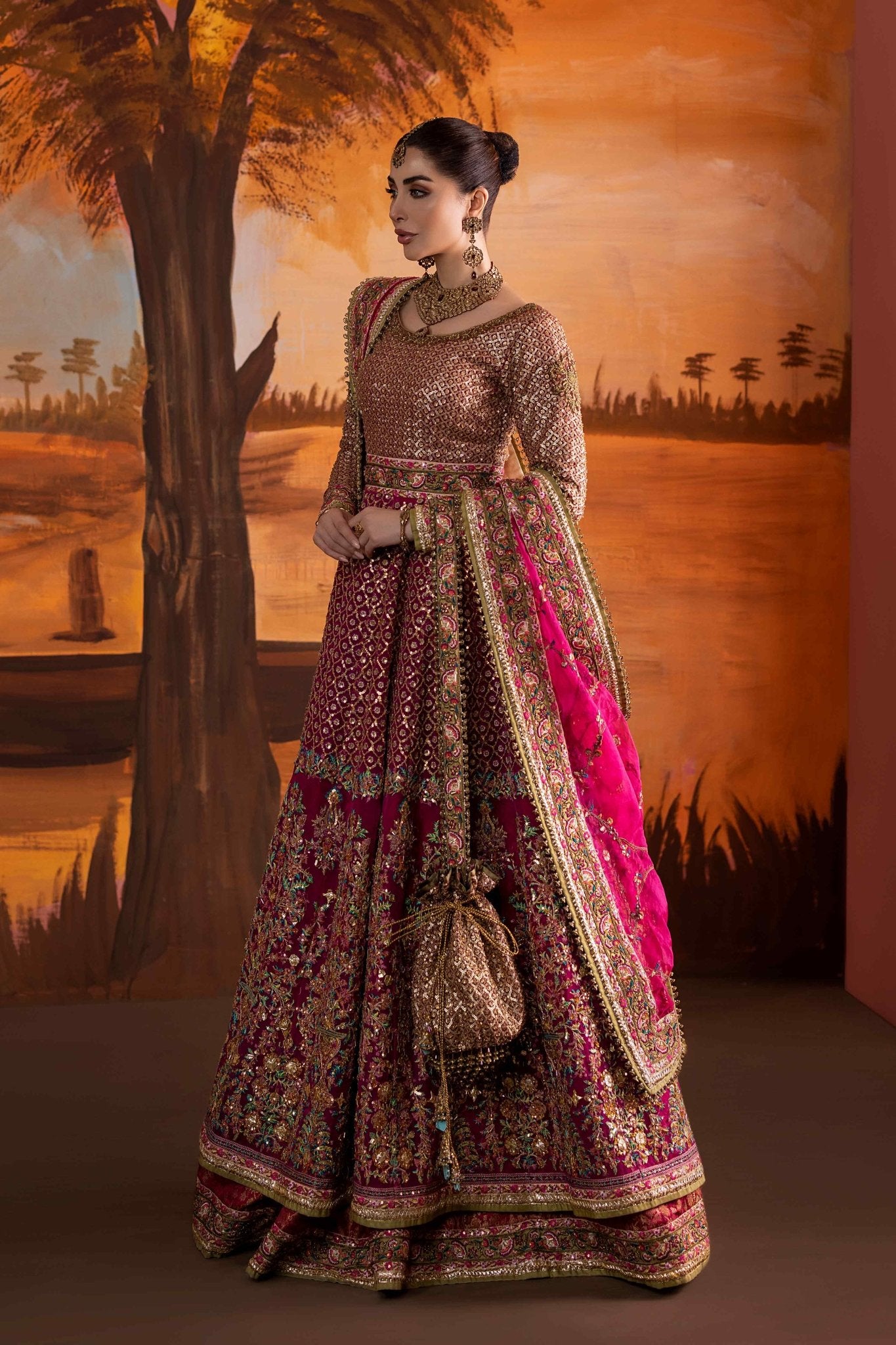 Pakistani Hot Pink Embroidered Jamawar Lehenga (3-Piece) - Image 7