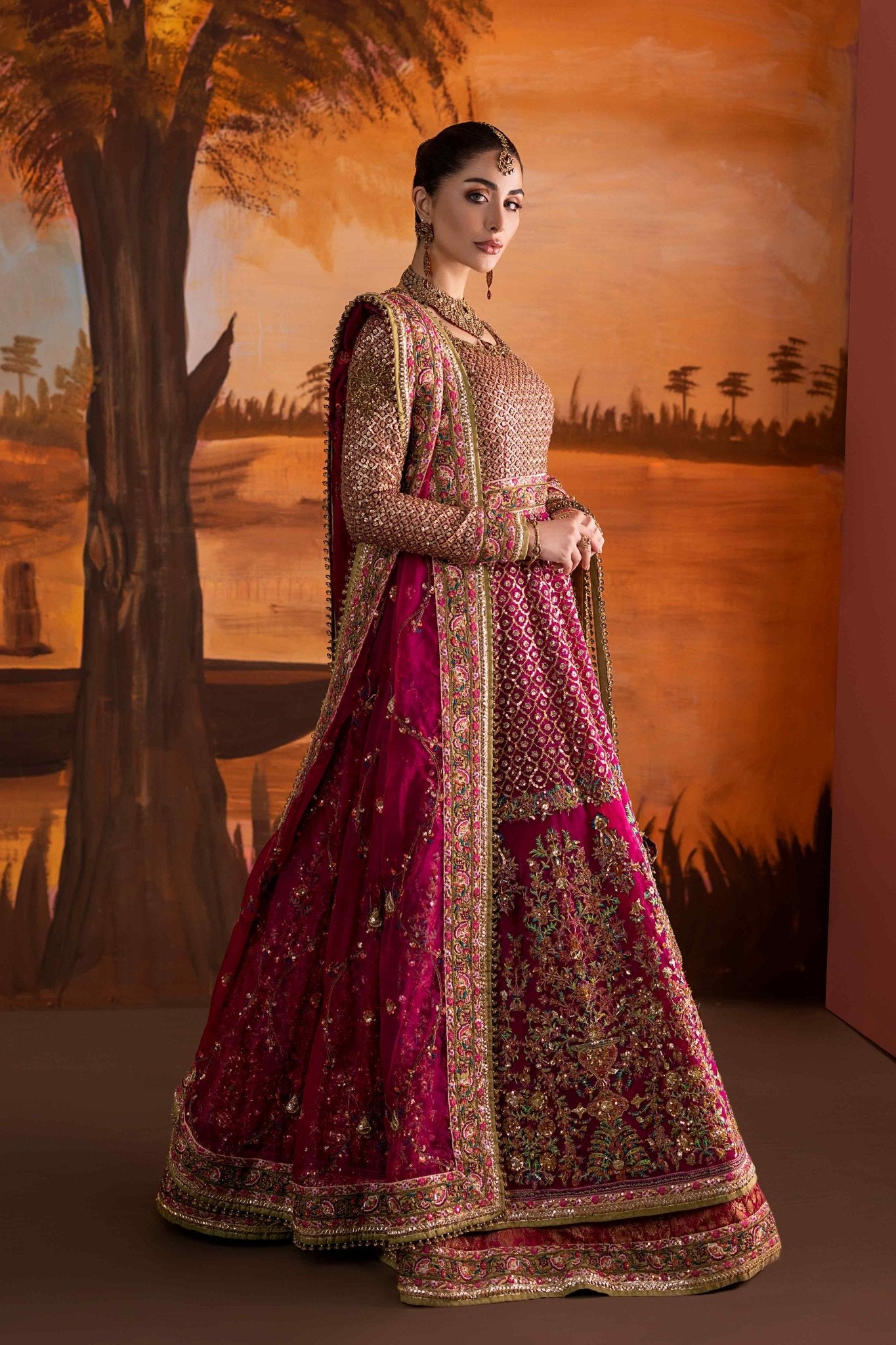 Pakistani Hot Pink Embroidered Jamawar Lehenga (3-Piece) - Image 8