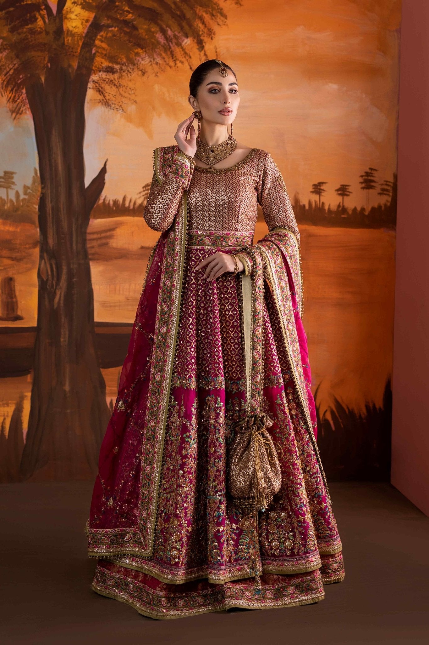 Pakistani Hot Pink Embroidered Jamawar Lehenga (3-Piece) - Image 9