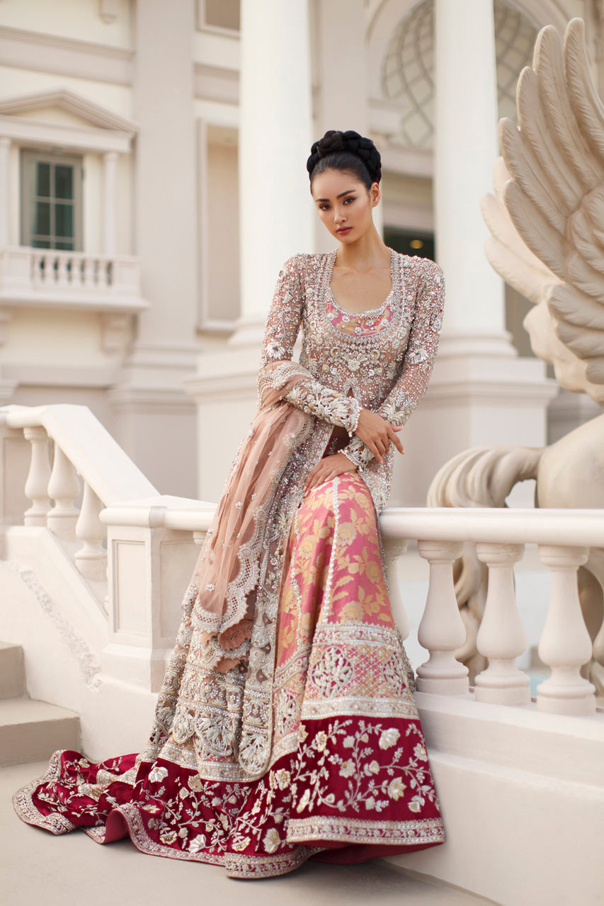 Pakistani Blush Zardozi French Net Peshwas with Jamawar Lehenga (3-Piece) - Image 1