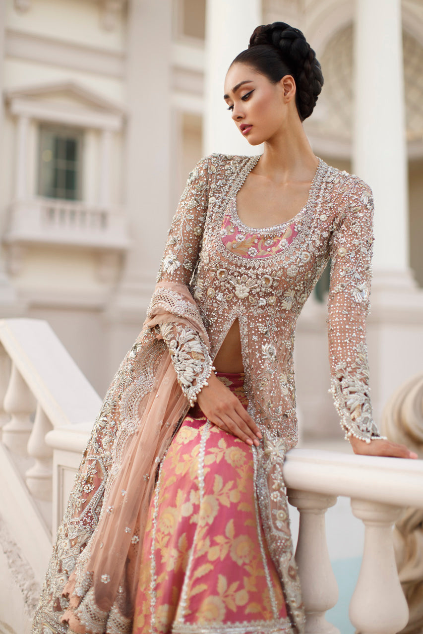 Pakistani Blush Zardozi French Net Peshwas with Jamawar Lehenga (3-Piece) - Image 2