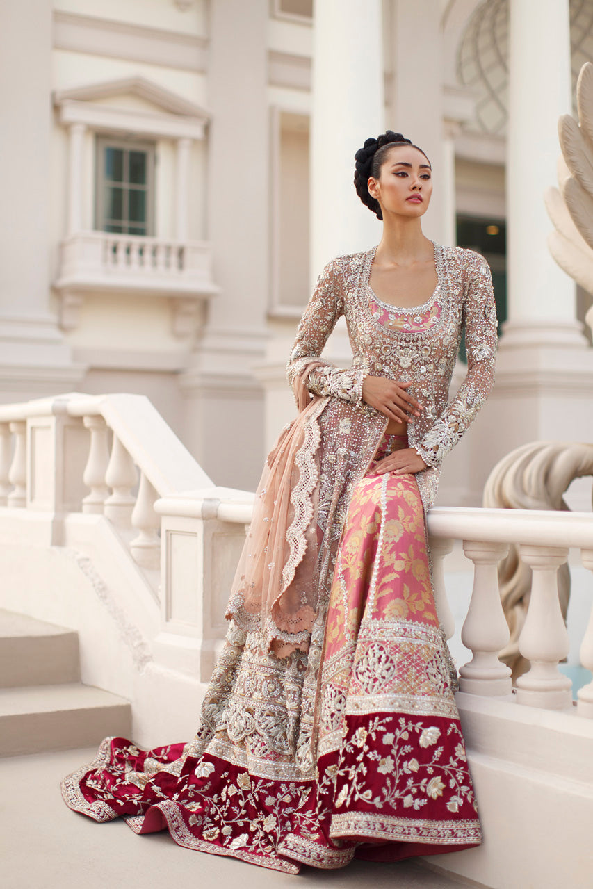 Pakistani Blush Zardozi French Net Peshwas with Jamawar Lehenga (3-Piece) - Image 3