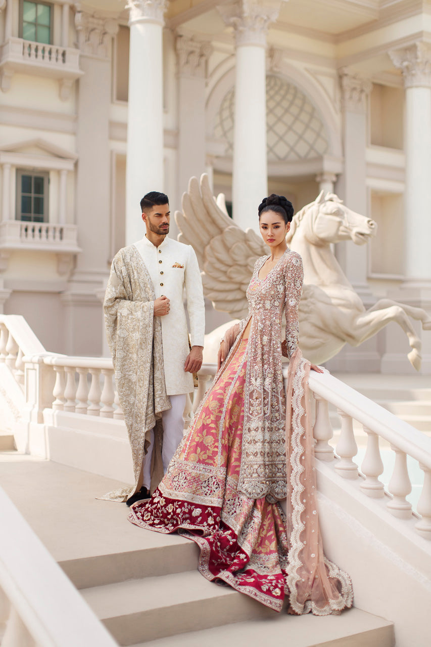 Pakistani Blush Zardozi French Net Peshwas with Jamawar Lehenga (3-Piece) - Image 5