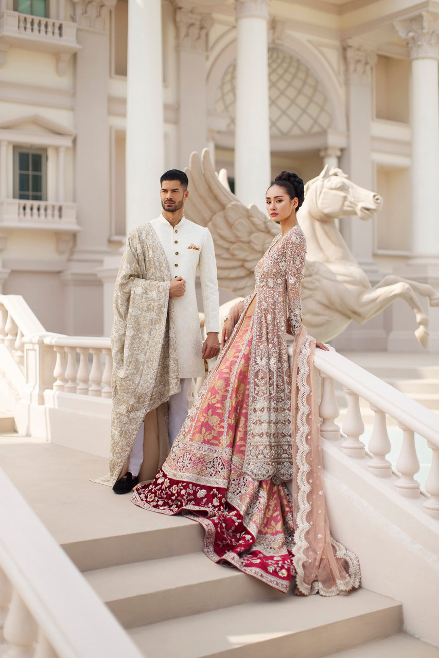 Pakistani Blush Zardozi French Net Peshwas with Jamawar Lehenga (3-Piece) - Image 6