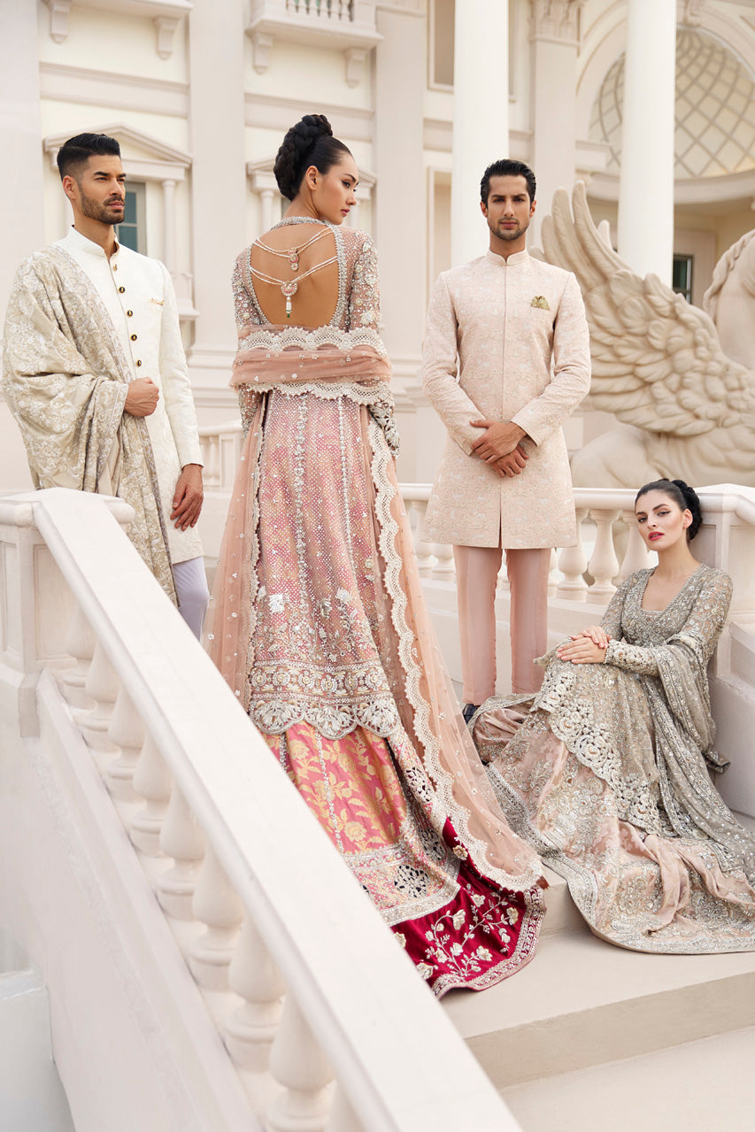 Pakistani Blush Zardozi French Net Peshwas with Jamawar Lehenga (3-Piece) - Image 7