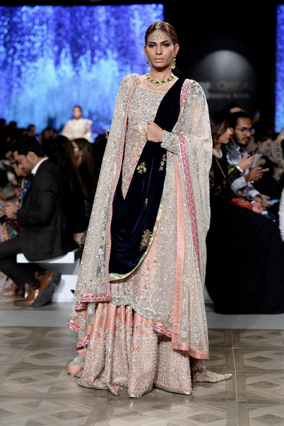 Salmon Zardozi Net & Jamawar Bridal Lehenga (3-Piece) - Image 1