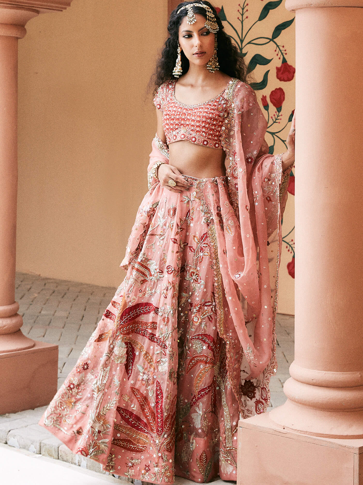 Coral Zardozi Jamawar & Organza Lehenga Choli (3-Piece) - Image 1