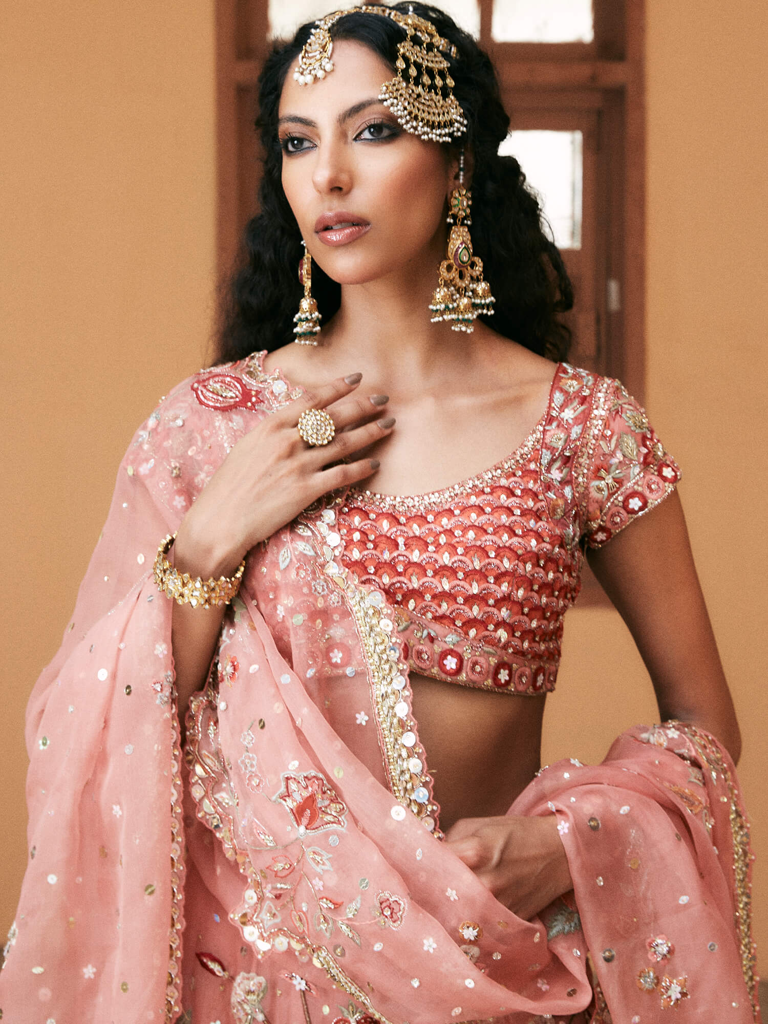 Coral Zardozi Jamawar & Organza Lehenga Choli (3-Piece) - Image 2