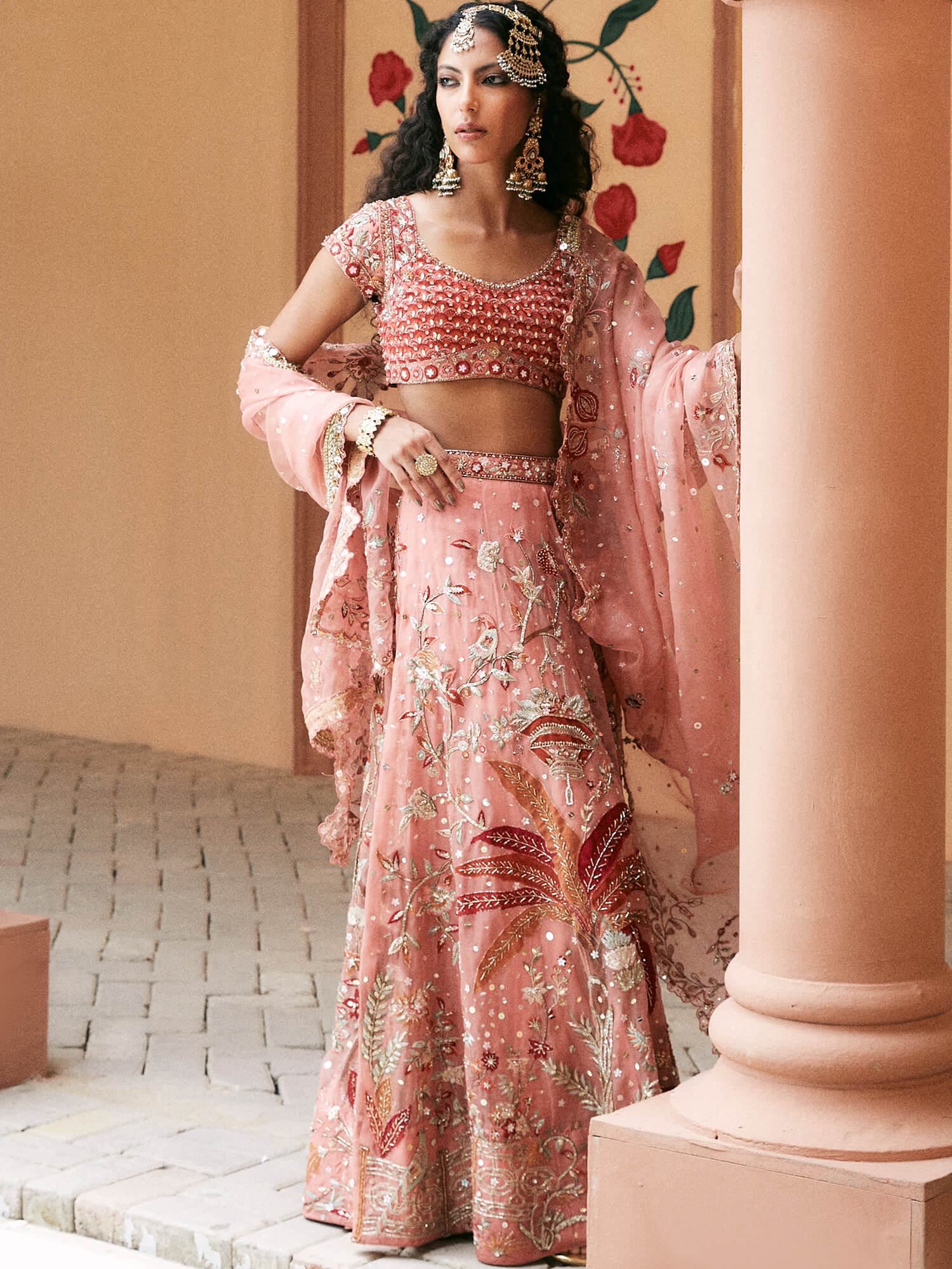 Coral Zardozi Jamawar & Organza Lehenga Choli (3-Piece) - Image 3