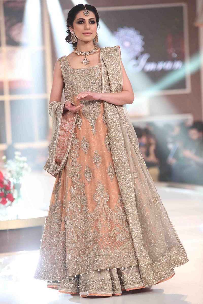 Peach Gold Embroidered Jamawar Bridal Lehenga Gown (3-Piece) - Image 1