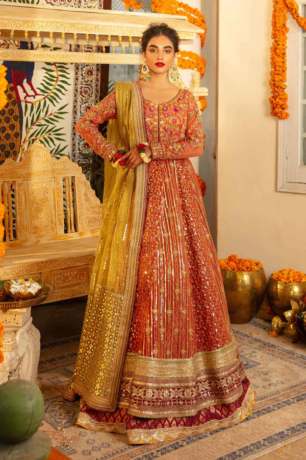 Coral Pink Zardozi Chiffon Kalidaar Lehnga (3-Piece) - Image 1