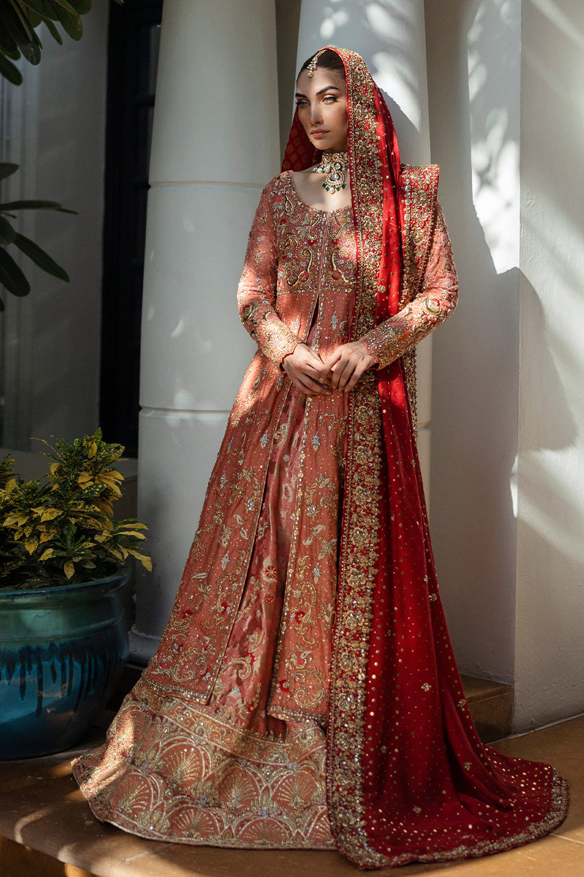 Coral Embroidered Silk Net Kalidar Lehenga (3-Piece) - Image 1