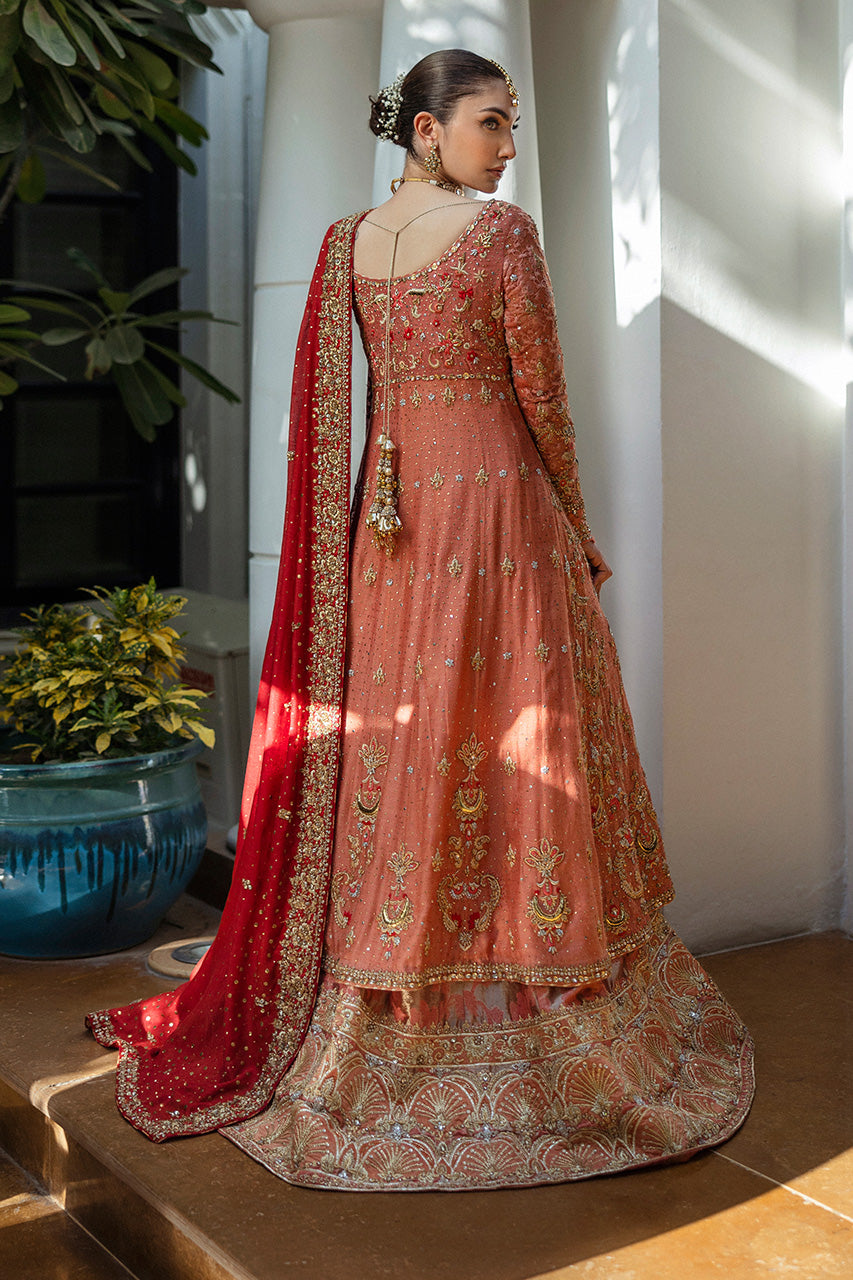Coral Embroidered Silk Net Kalidar Lehenga (3-Piece) - Image 2
