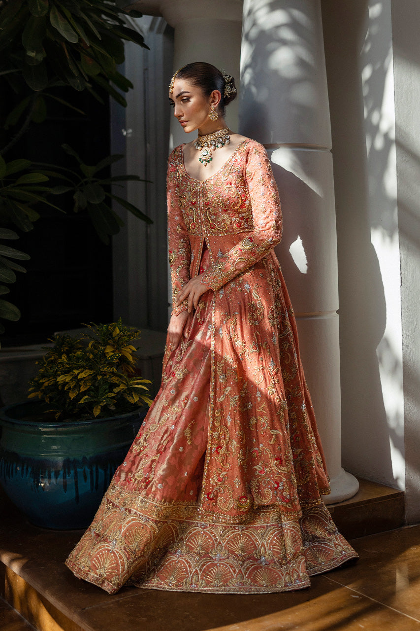 Coral Embroidered Silk Net Kalidar Lehenga (3-Piece) - Image 3