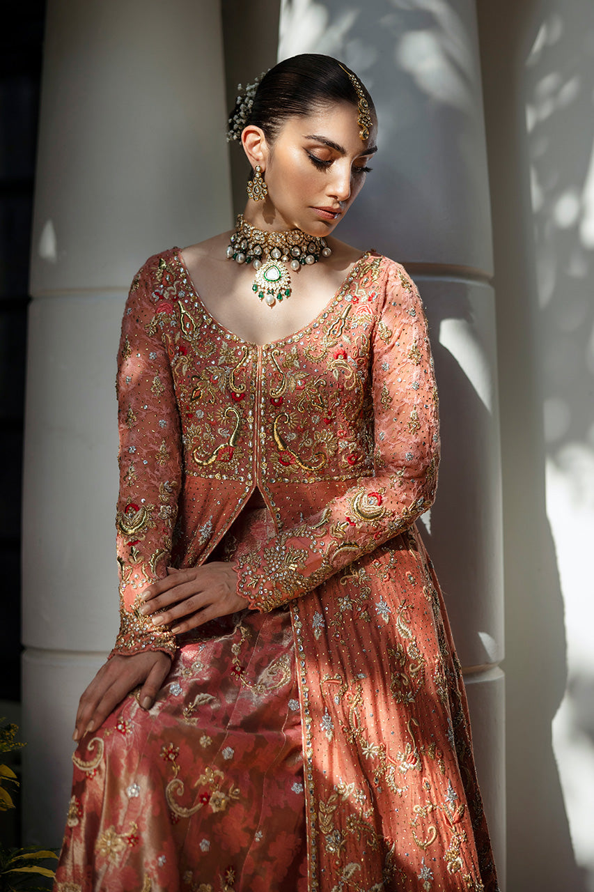 Coral Embroidered Silk Net Kalidar Lehenga (3-Piece) - Image 5