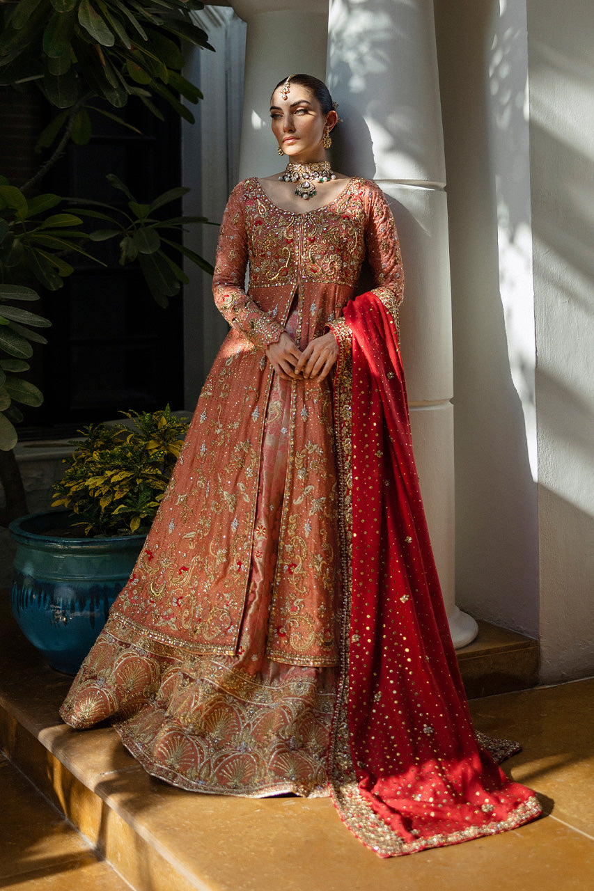 Coral Embroidered Silk Net Kalidar Lehenga (3-Piece) - Image 6