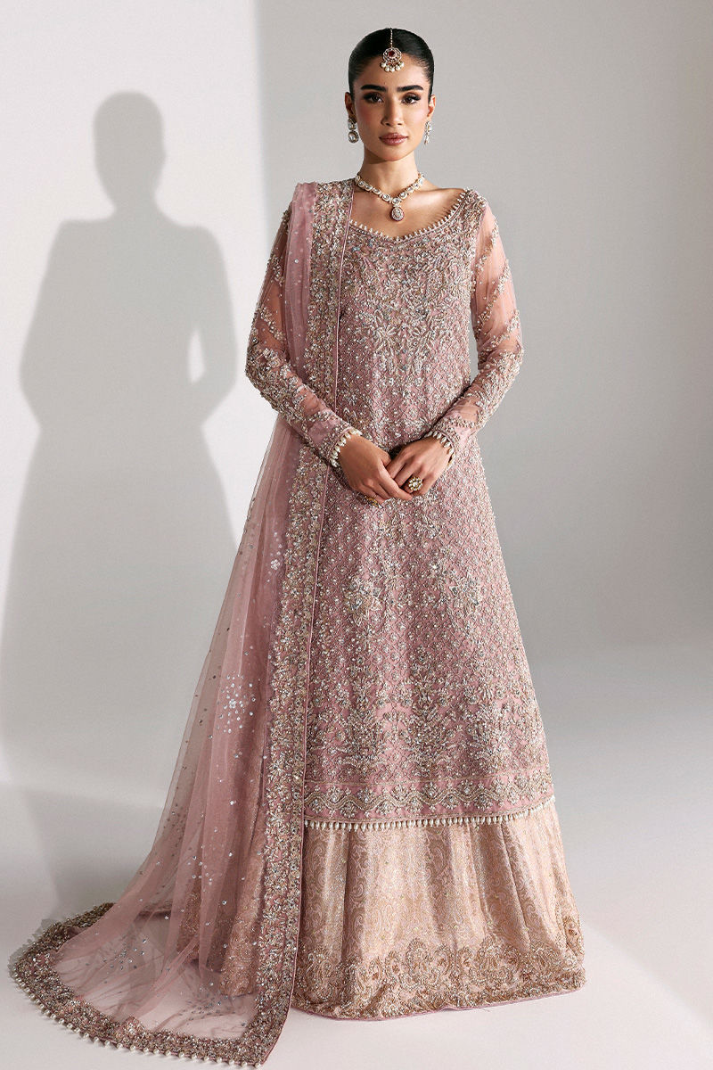 Indian Dusty Pink Zardozi Net Long Shirt with Jamawar Lehenga (3-Piece) - Image 1