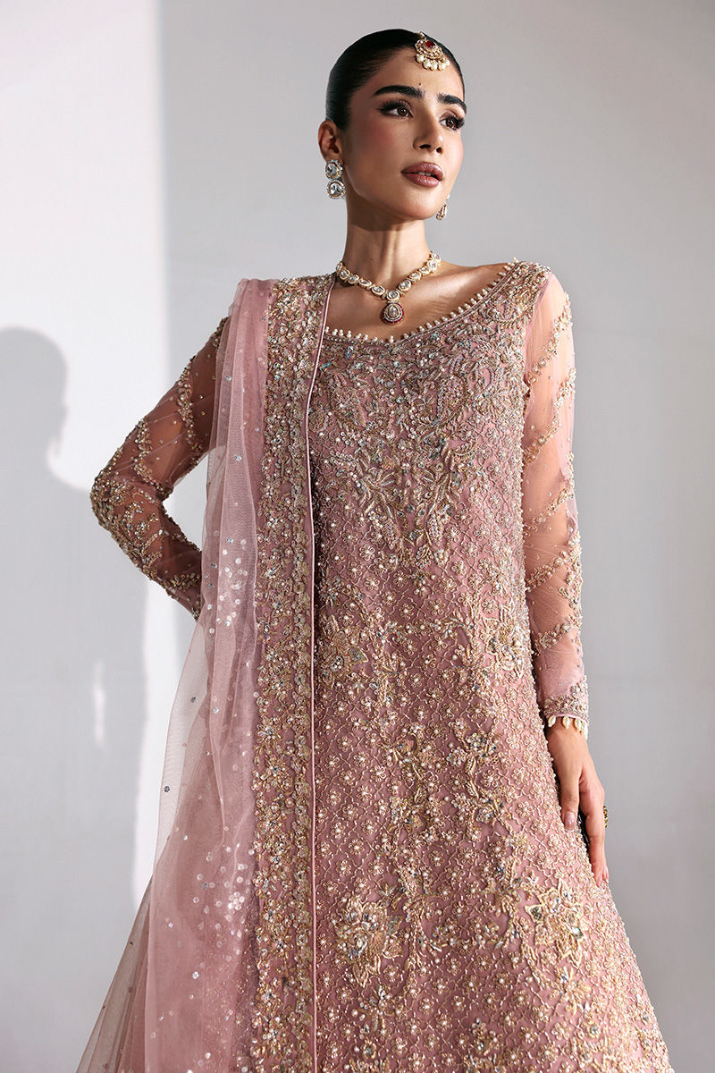 Indian Dusty Pink Zardozi Net Long Shirt with Jamawar Lehenga (3-Piece) - Image 2