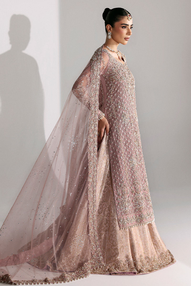 Indian Dusty Pink Zardozi Net Long Shirt with Jamawar Lehenga (3-Piece) - Image 3