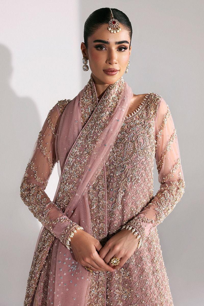 Indian Dusty Pink Zardozi Net Long Shirt with Jamawar Lehenga (3-Piece) - Image 4