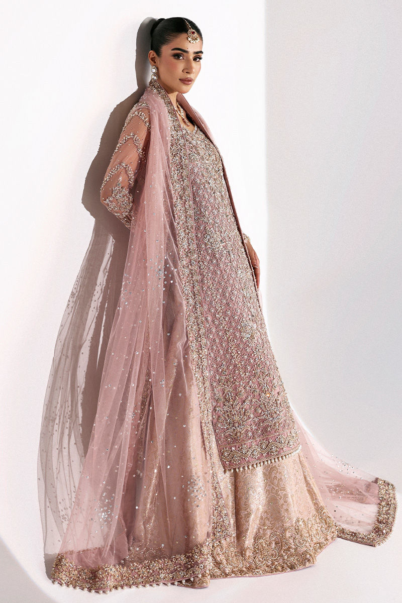 Indian Dusty Pink Zardozi Net Long Shirt with Jamawar Lehenga (3-Piece) - Image 5