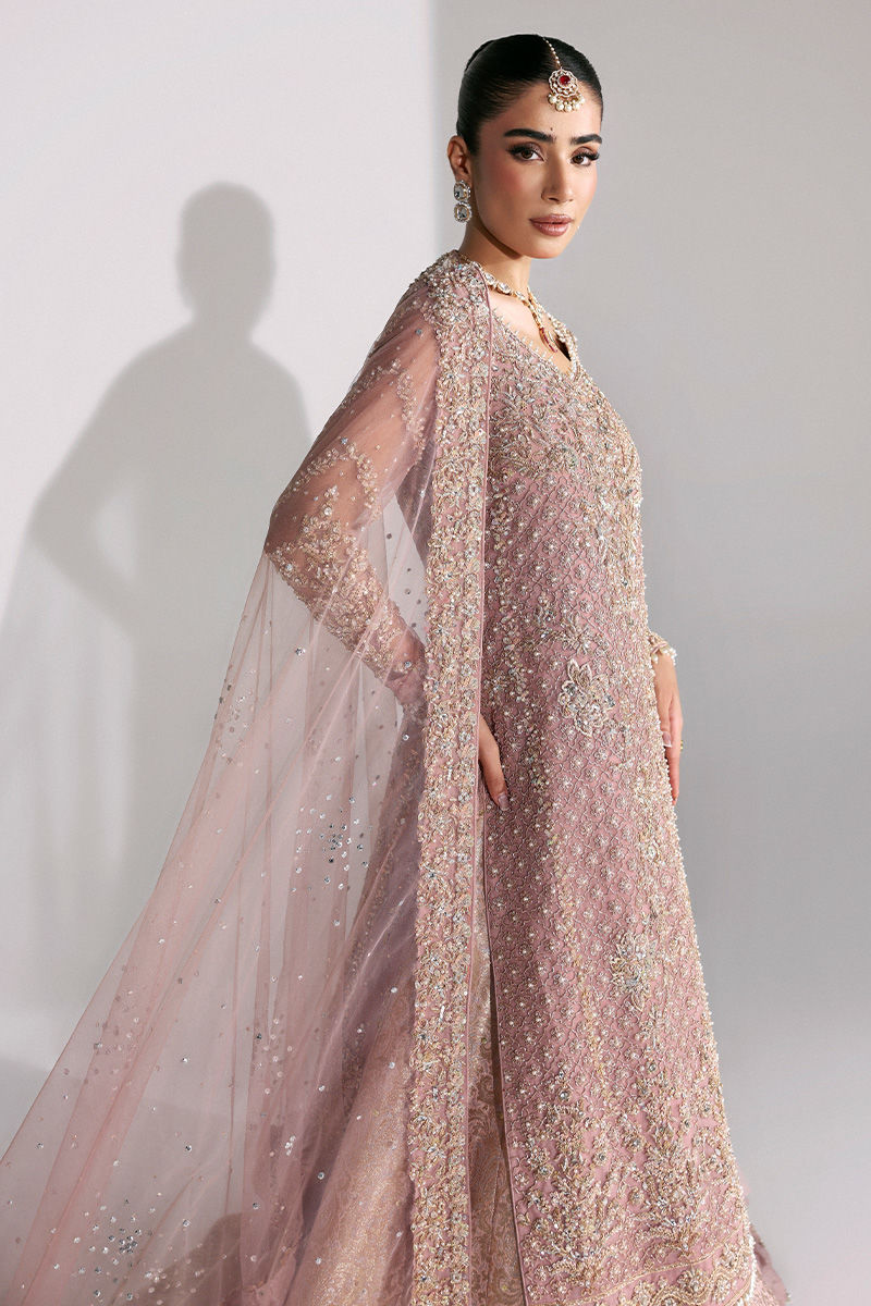 Indian Dusty Pink Zardozi Net Long Shirt with Jamawar Lehenga (3-Piece) - Image 6