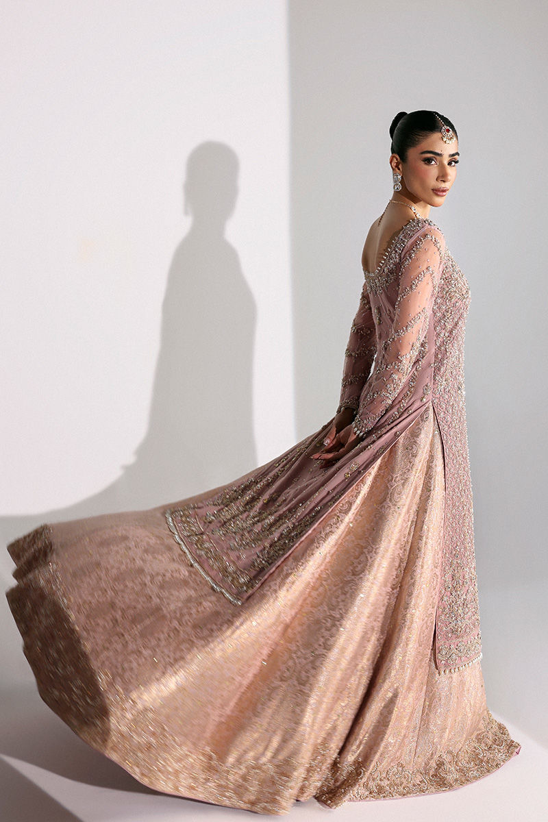 Indian Dusty Pink Zardozi Net Long Shirt with Jamawar Lehenga (3-Piece) - Image 7