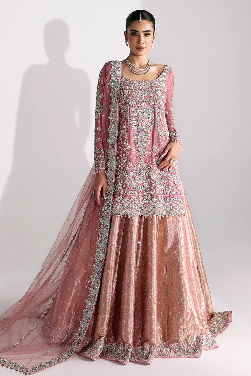 Deep Pink Zardozi Net Shirt with Jamawar Lehenga (3-Piece) - Image 1