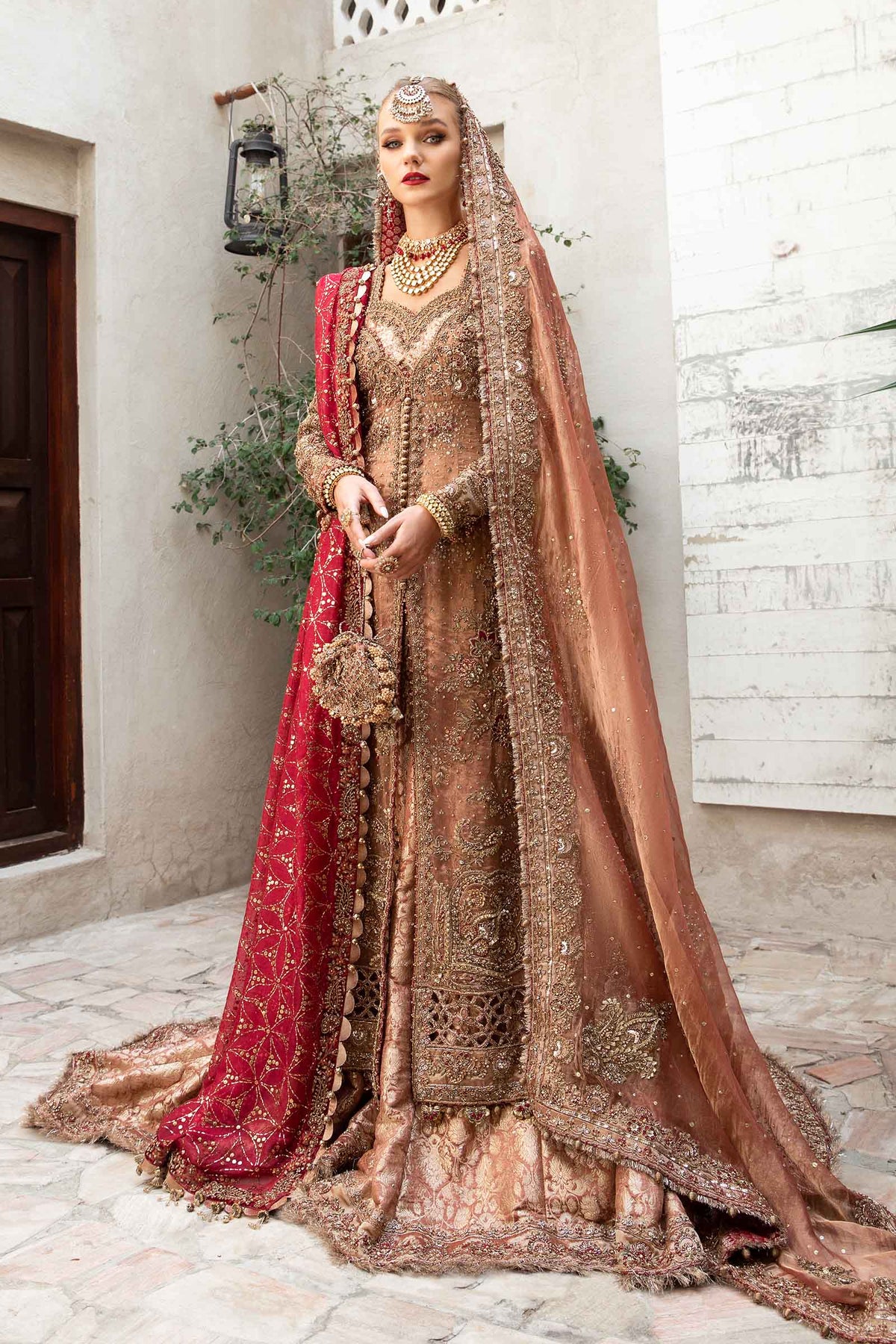 Salmon Pink & Deep Red Embellished Tissue KamKhwab Bridal Lehenga (4-Piece) - Image 1