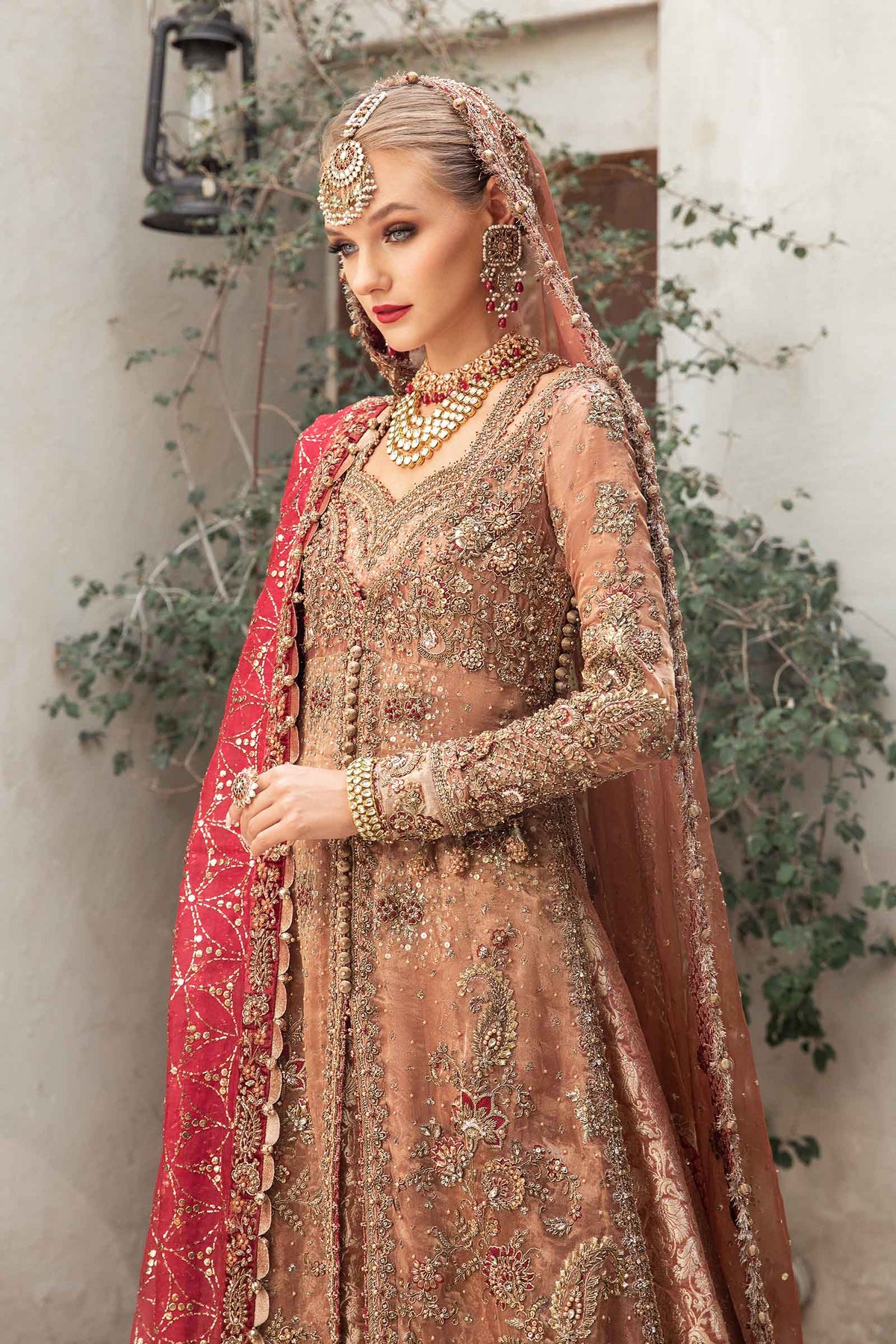 Salmon Pink & Deep Red Embellished Tissue KamKhwab Bridal Lehenga (4-Piece) - Image 2