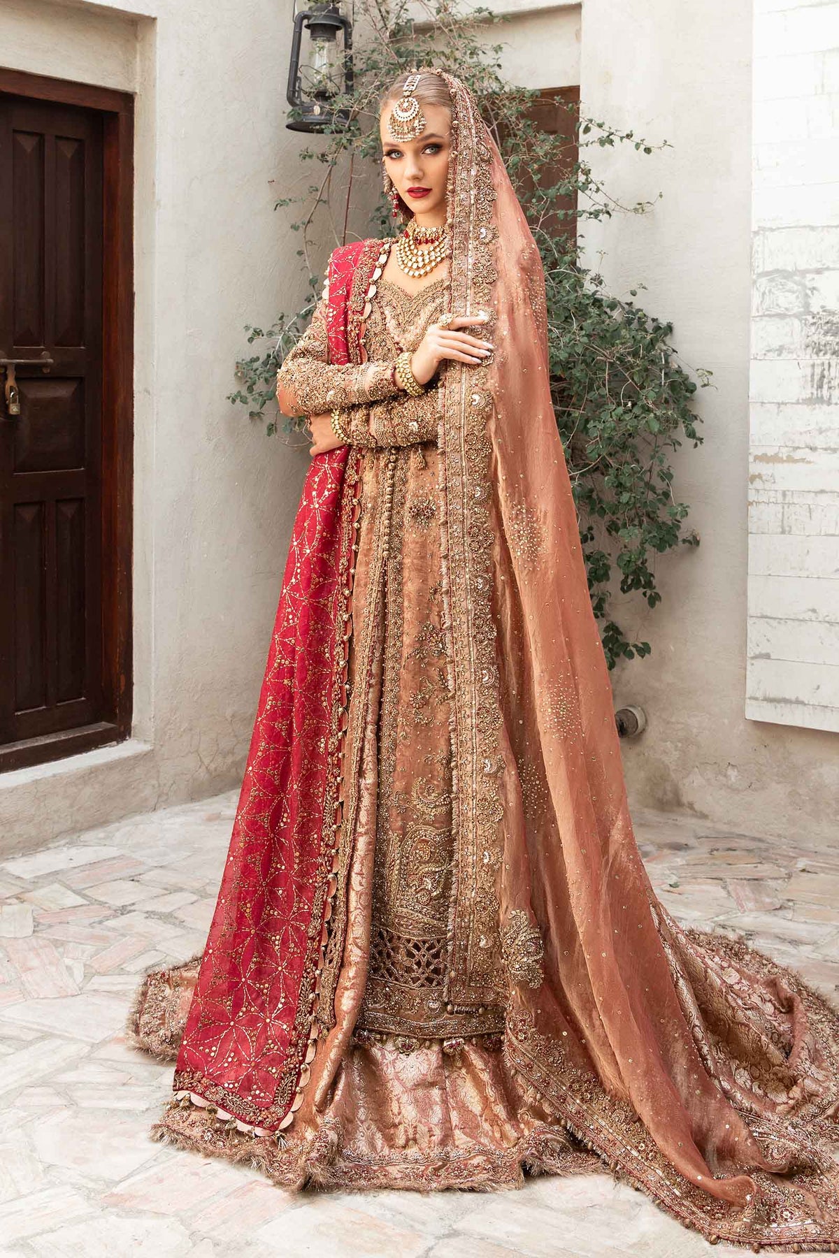 Salmon Pink & Deep Red Embellished Tissue KamKhwab Bridal Lehenga (4-Piece) - Image 4