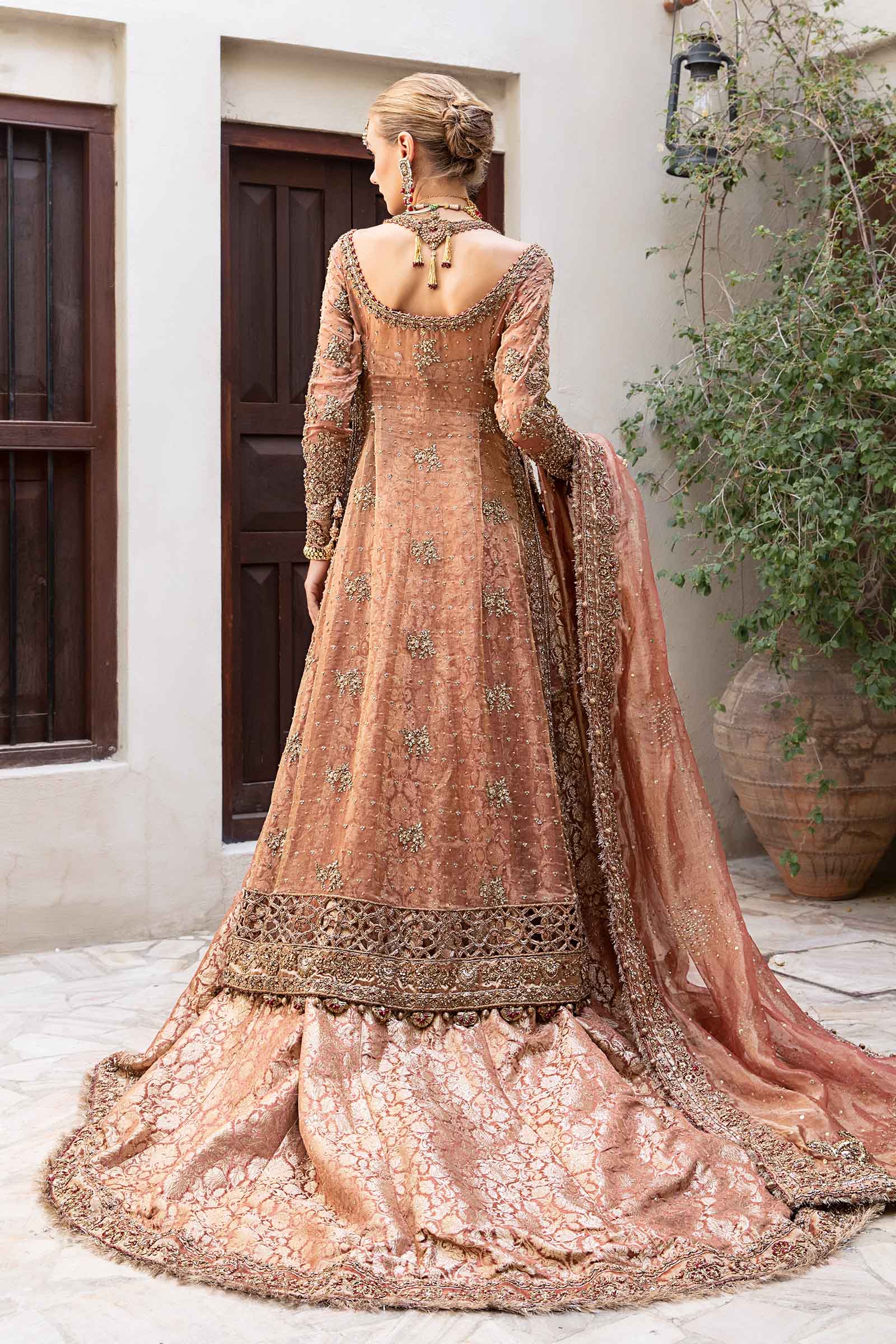 Salmon Pink & Deep Red Embellished Tissue KamKhwab Bridal Lehenga (4-Piece) - Image 7