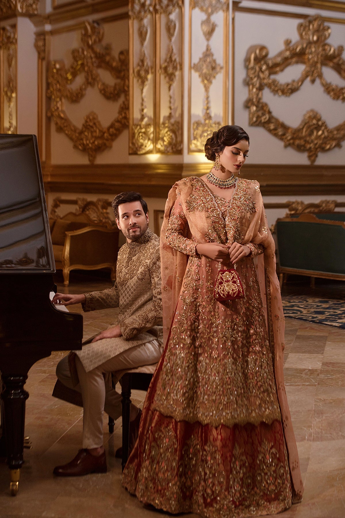 Pakistani Peach Zardozi Khaadi Net & Jamawar Bridal Lehenga (3-Piece) - Image 1