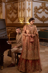 Pakistani Peach Zardozi Khaadi Net & Jamawar Bridal Lehenga (3-Piece) - Image 2
