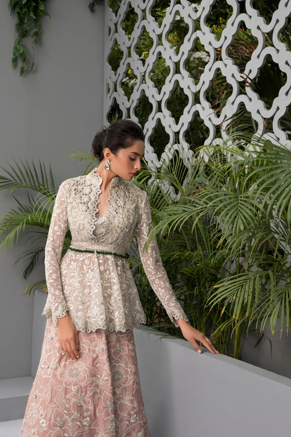 Blush Pink Embroidered Net & Khaddi Silk Lehenga (2-Piece) - Image 3