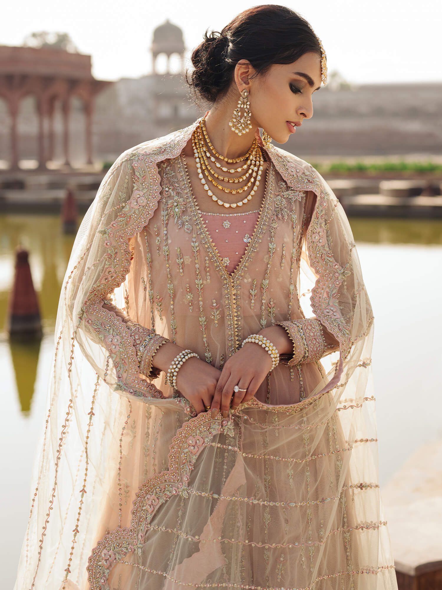 Peach Resham Zardozi Net Kalidar Lehenga (3-Piece) - Image 2