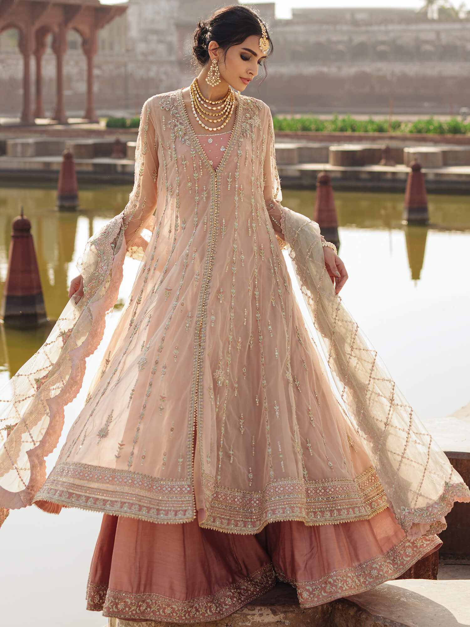 Peach Resham Zardozi Net Kalidar Lehenga (3-Piece) - Image 3