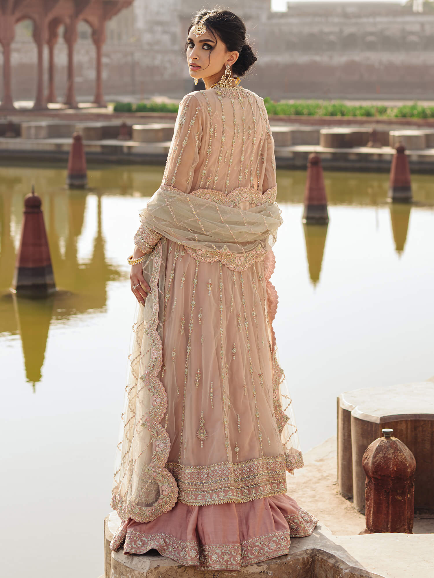 Peach Resham Zardozi Net Kalidar Lehenga (3-Piece) - Image 4