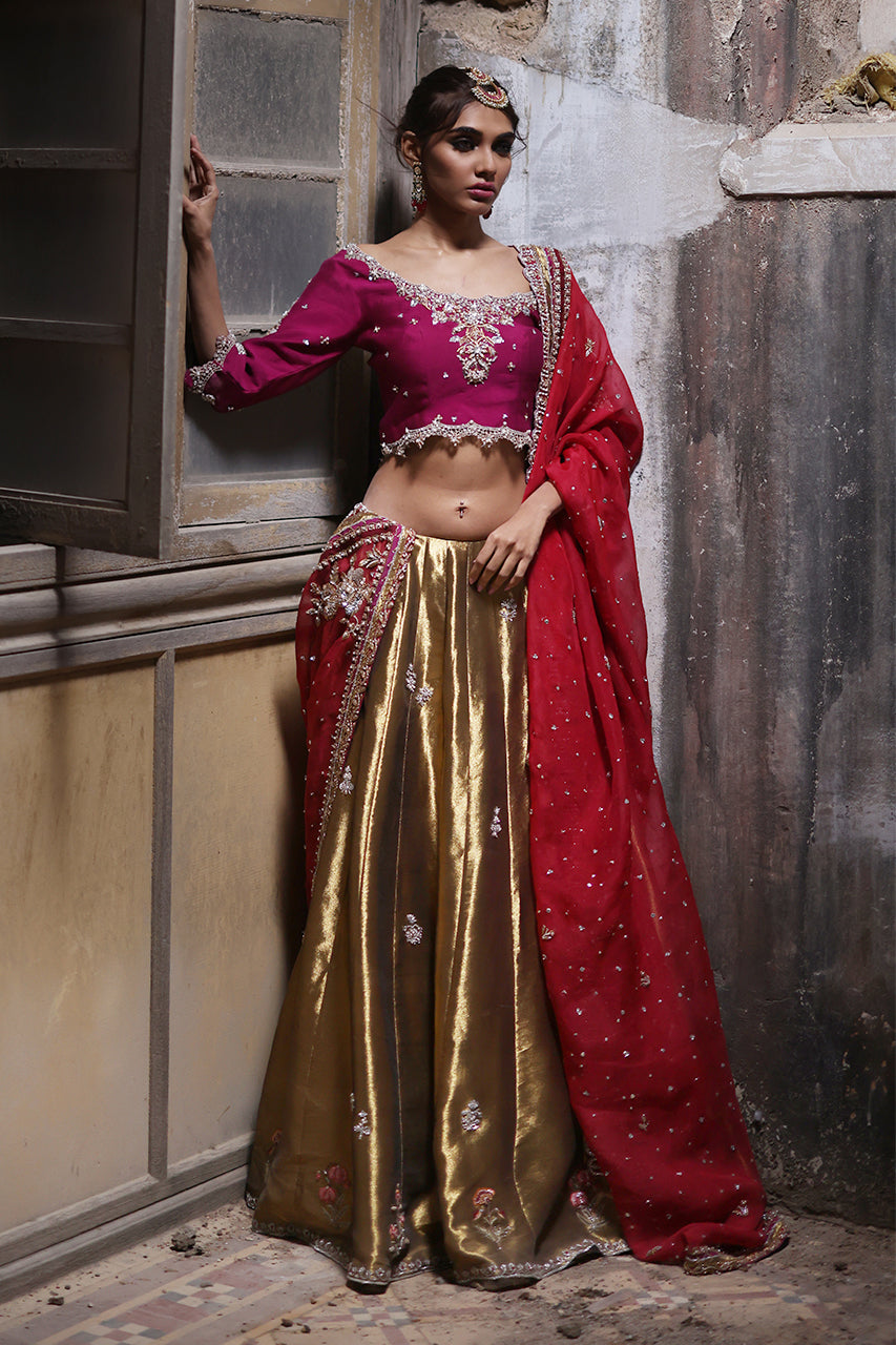 Pakistani Magenta Zardozi Khaddi Silk Lehenga (3-Piece) - Image 1