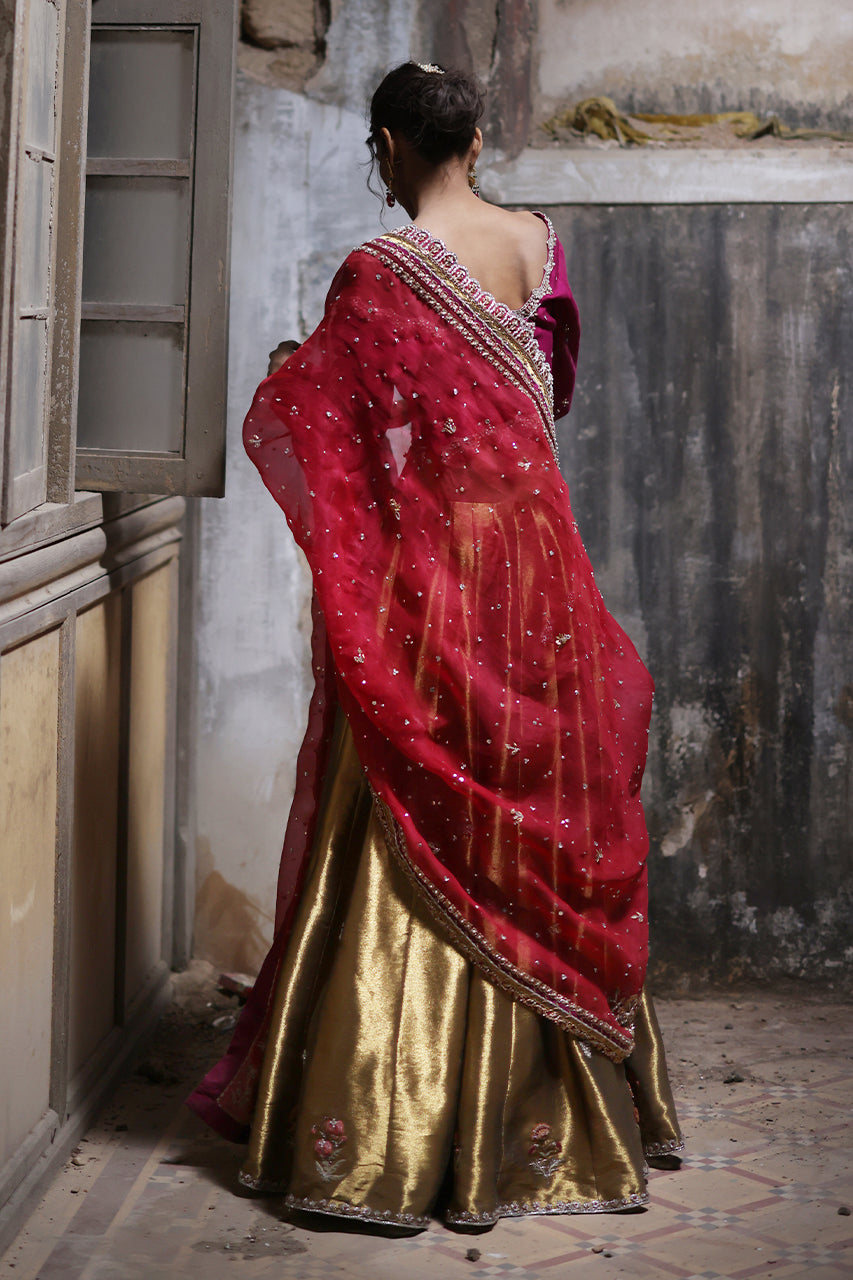 Pakistani Magenta Zardozi Khaddi Silk Lehenga (3-Piece) - Image 2