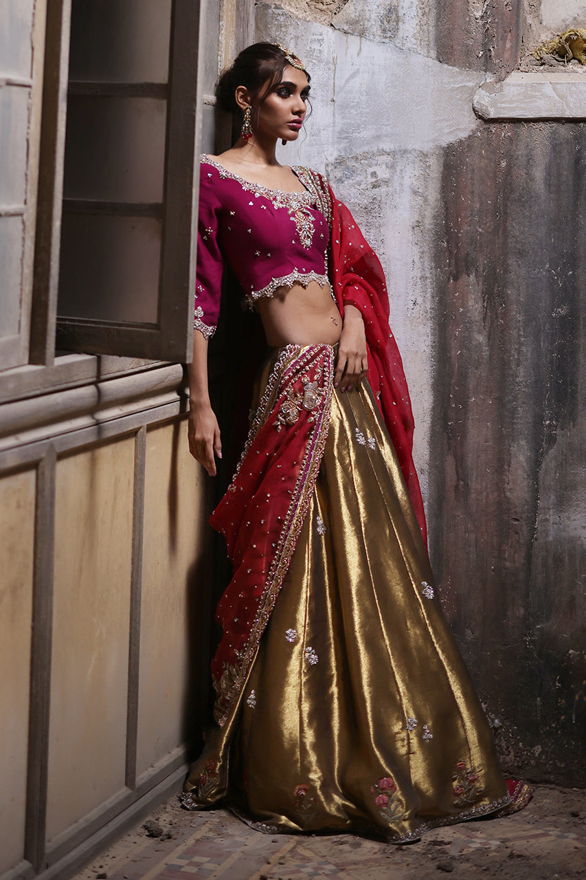 Pakistani Magenta Zardozi Khaddi Silk Lehenga (3-Piece) - Image 4