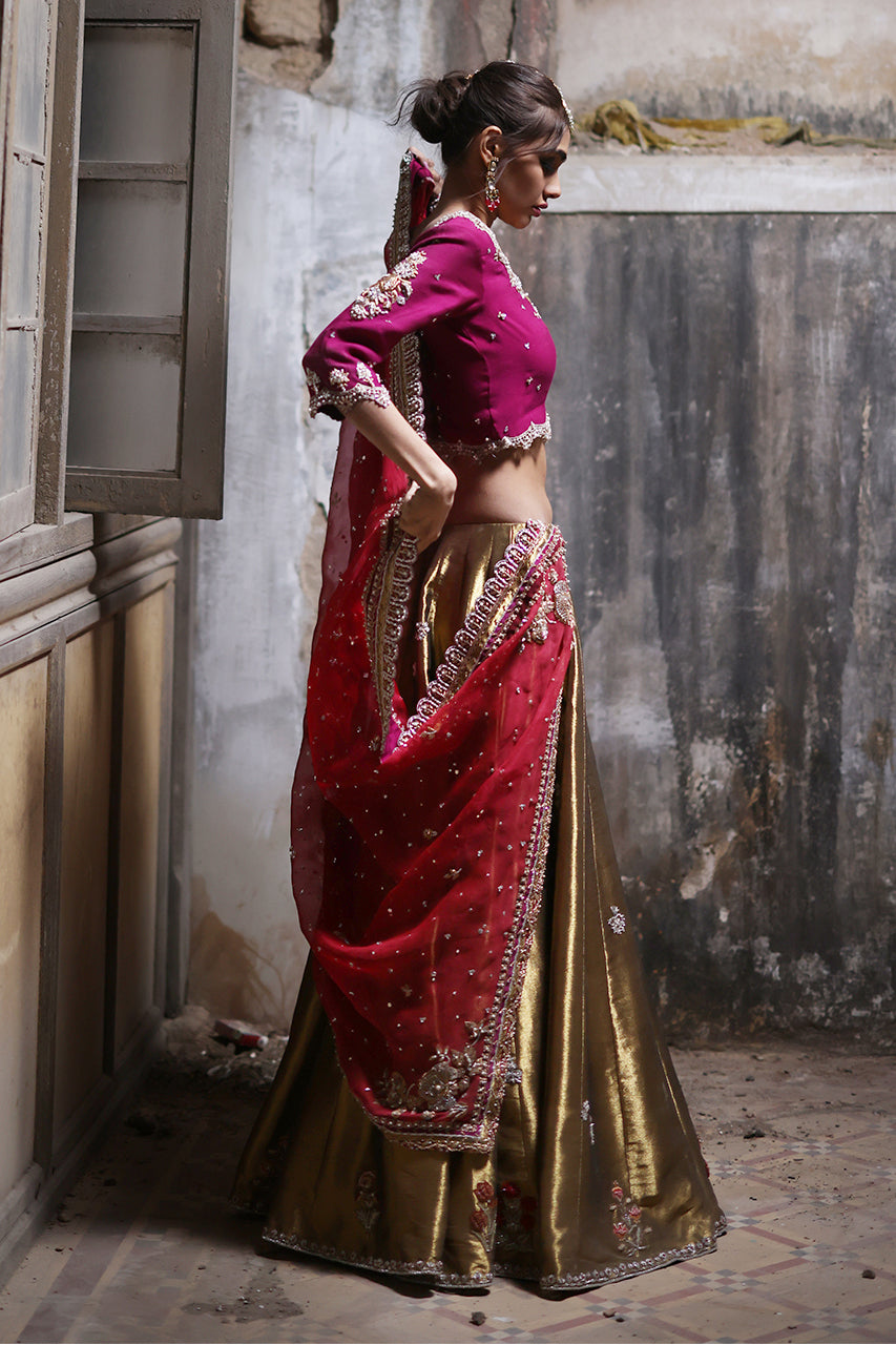 Pakistani Magenta Zardozi Khaddi Silk Lehenga (3-Piece) - Image 5