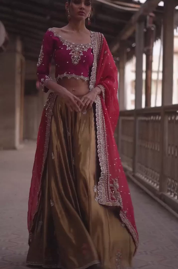 Pakistani Magenta Zardozi Khaddi Silk Lehenga (3-Piece) - Image 6