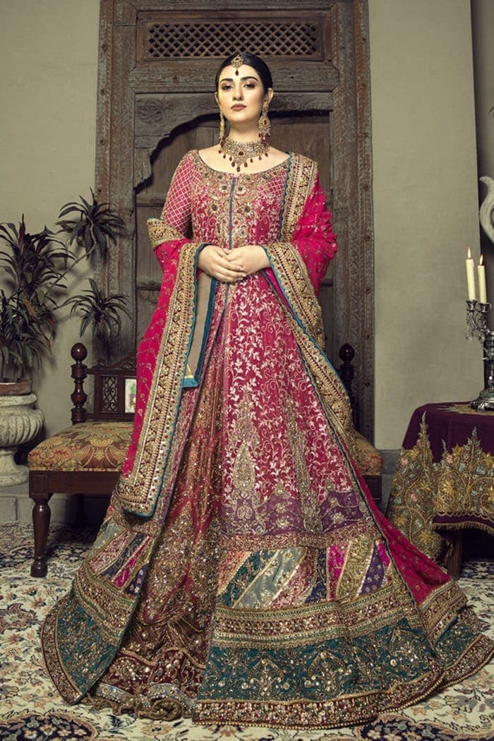 Pakistani Fuchsia Zardozi Chiffon Gown & Khimkhaab Lehenga (3-Piece) - Image 1