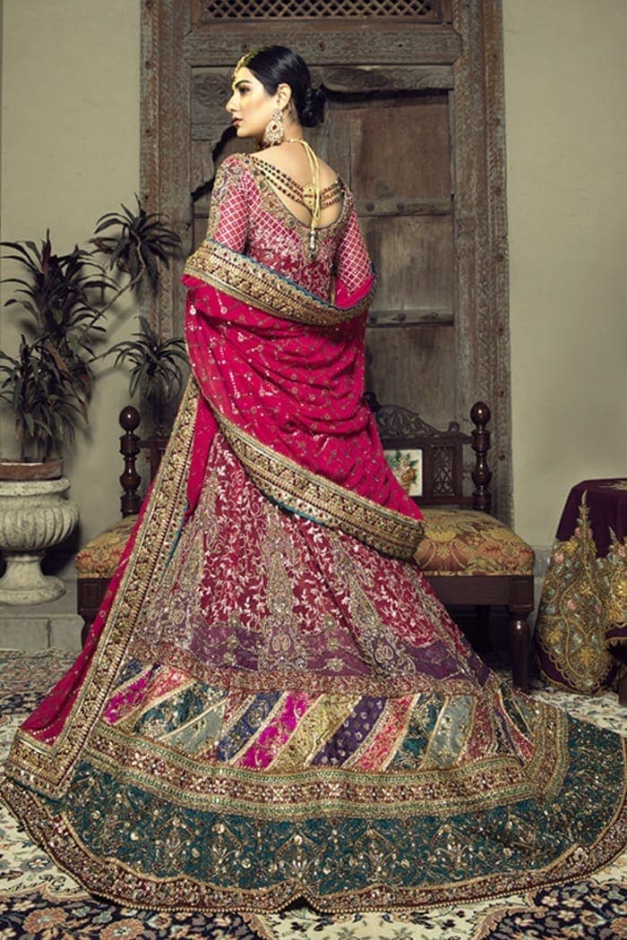 Pakistani Fuchsia Zardozi Chiffon Gown & Khimkhaab Lehenga (3-Piece) - Image 2